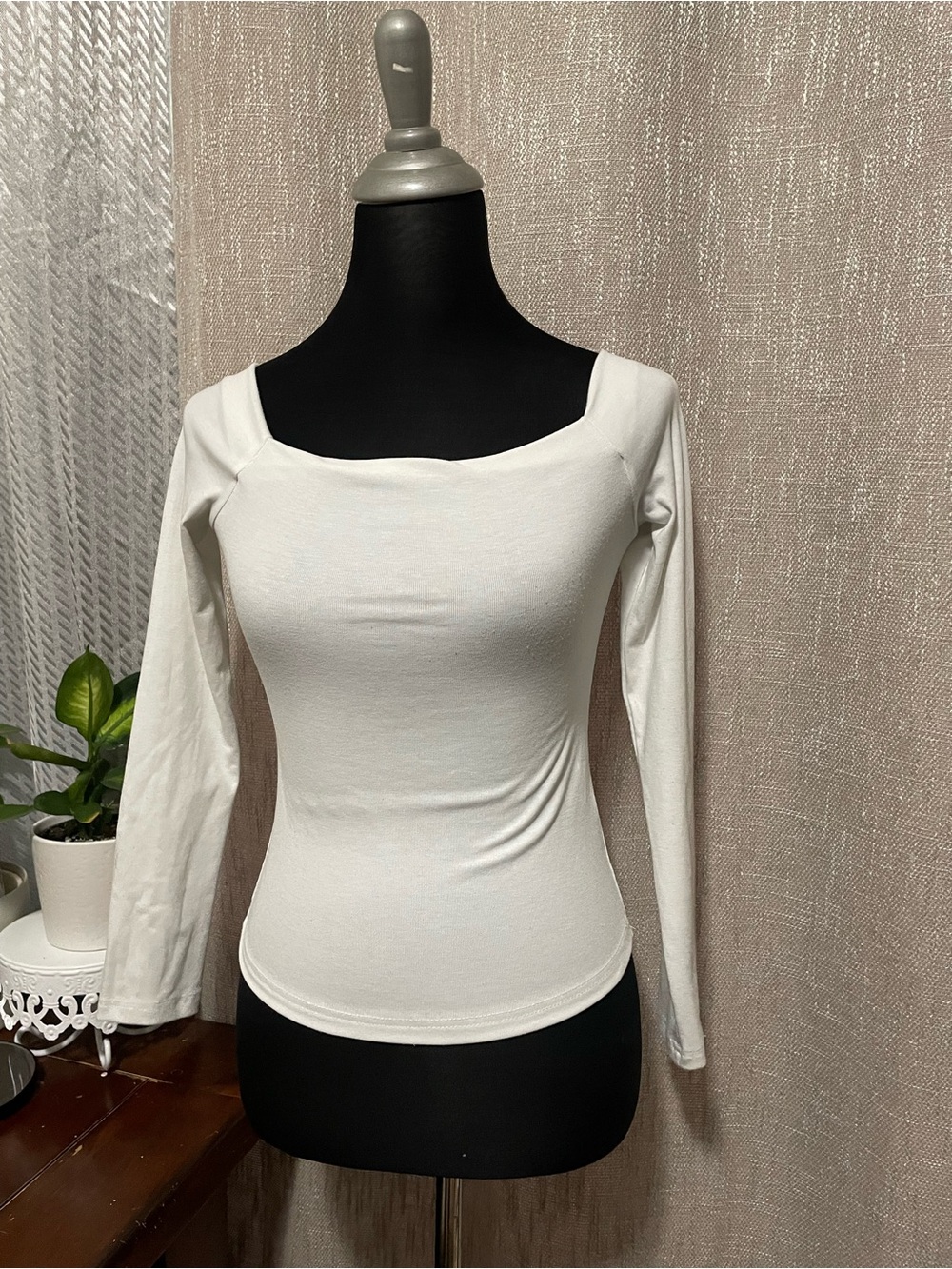 Slim Fit White Square-Neck Long Sleeve Top